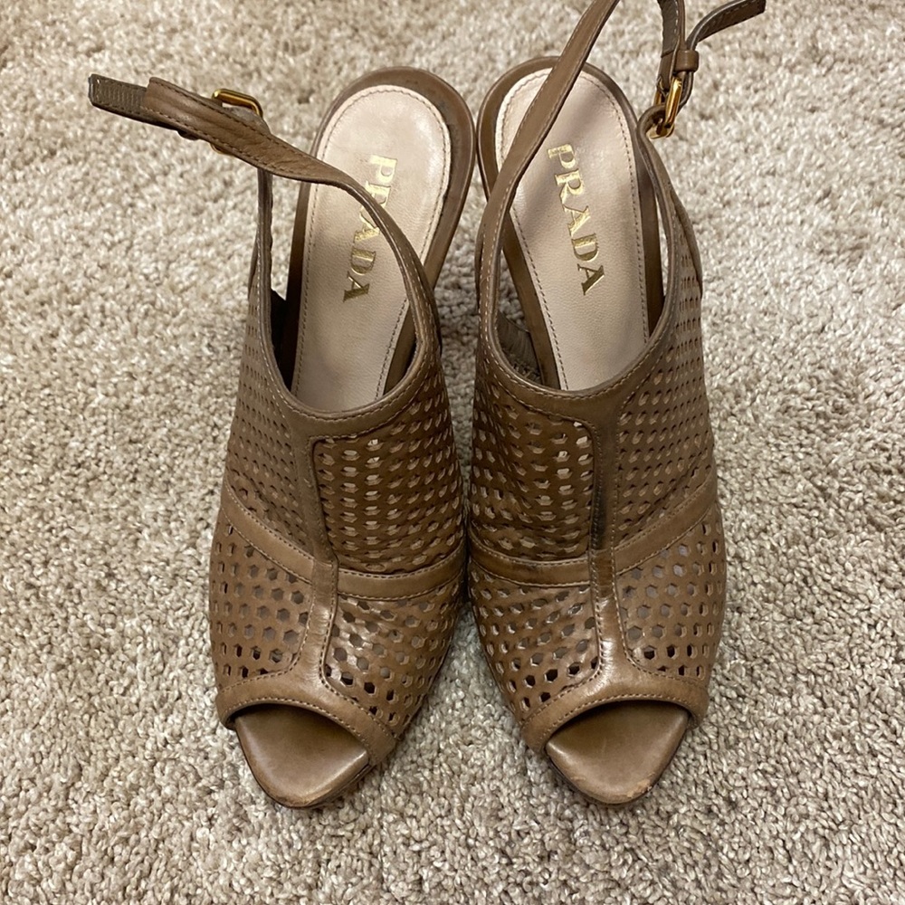 Prada peep toe sling back booties